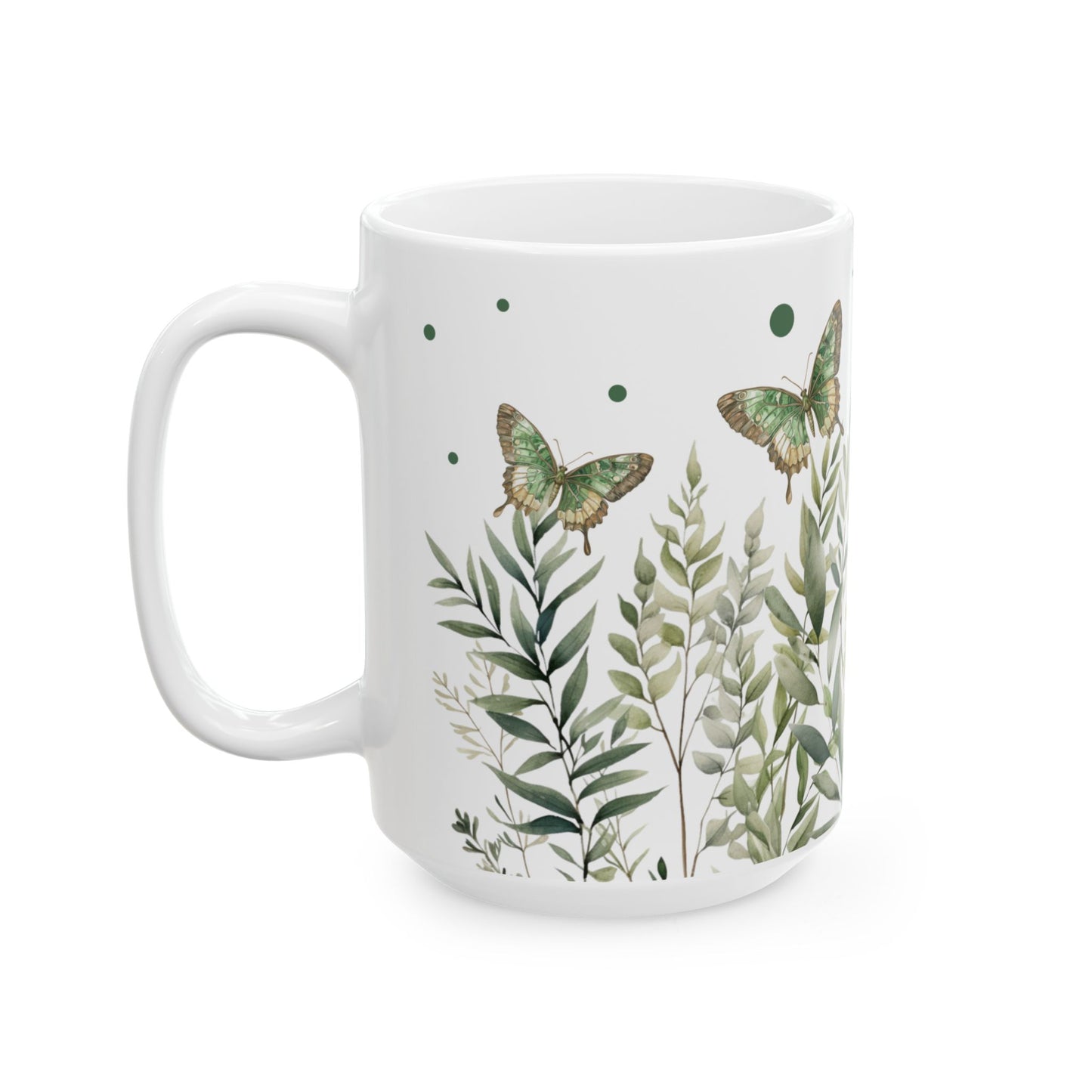 Botanical Green Butterfly Ceramic Mug - Nature-Inspired Drinkware for Tea & Coffee Lovers