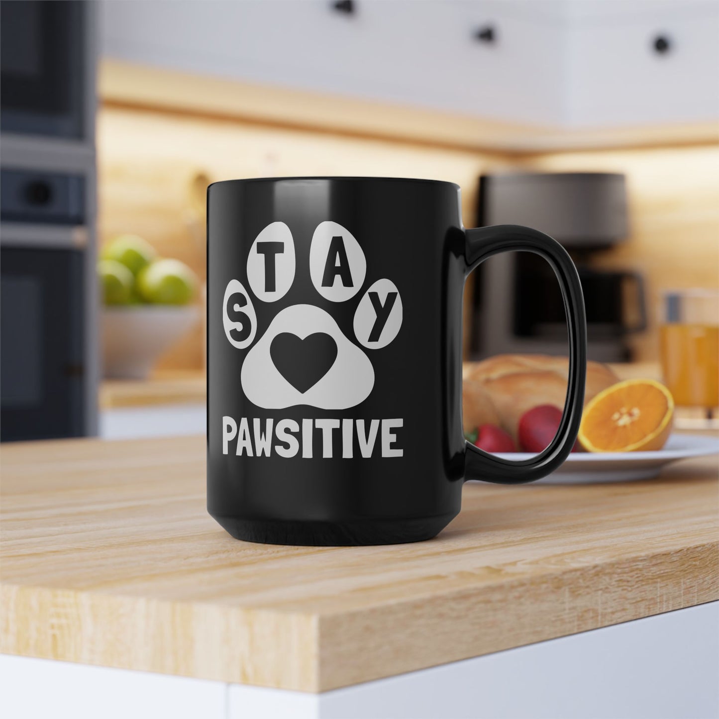 Stay Pawsitive Black Coffee Mug - 11oz & 15oz, Perfect Gift for Dog Lovers