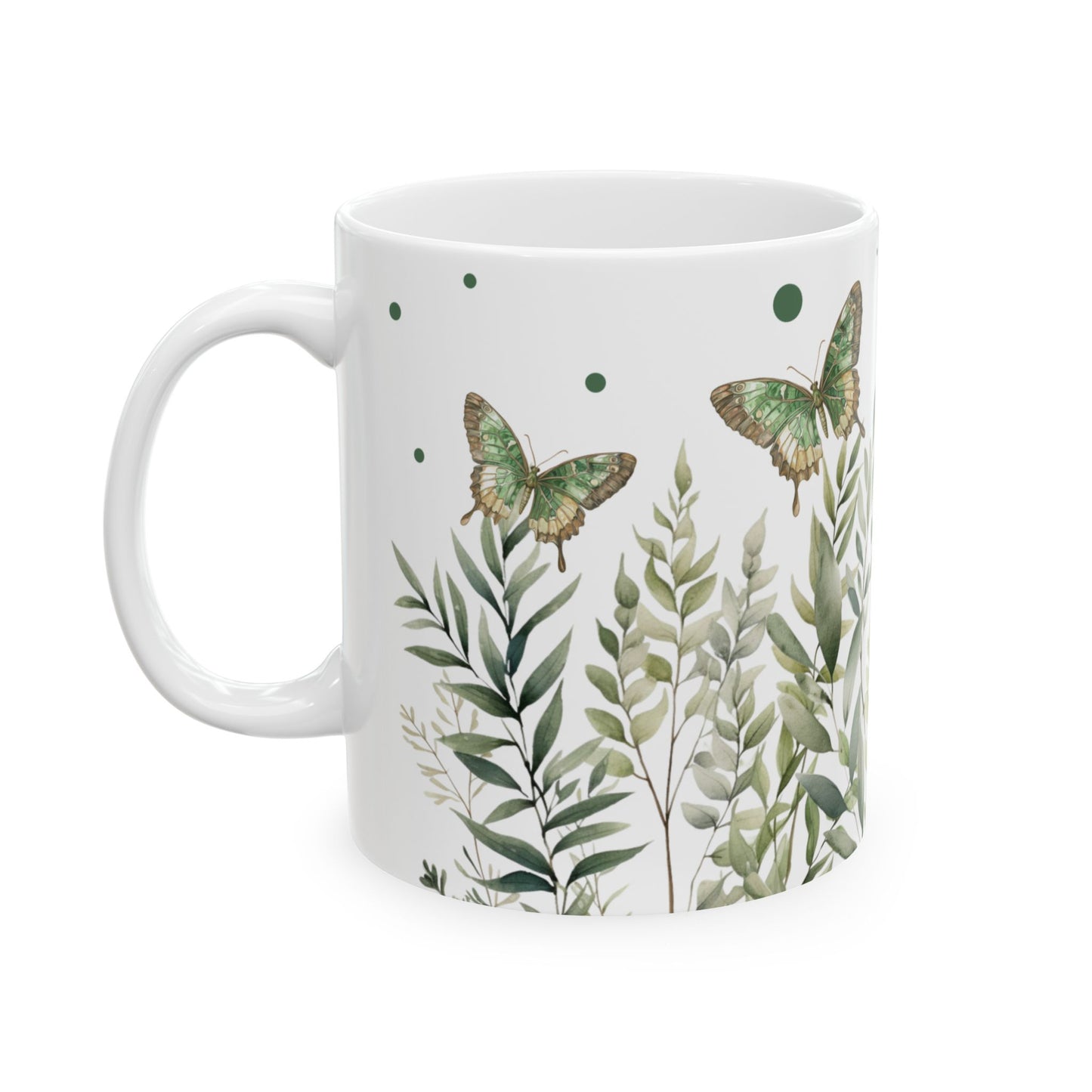 Botanical Green Butterfly Ceramic Mug - Nature-Inspired Drinkware for Tea & Coffee Lovers