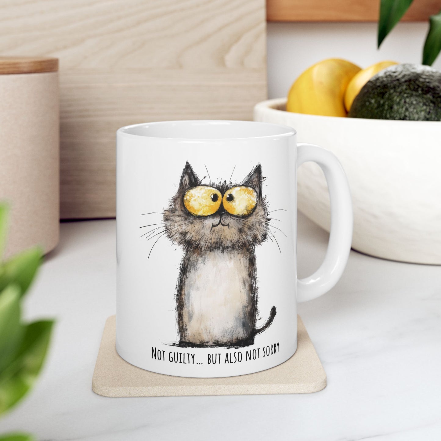 Funny Ceramic Mug - Sarcastic Cat Not Guilty Also Not Sorry (11oz, 15oz)