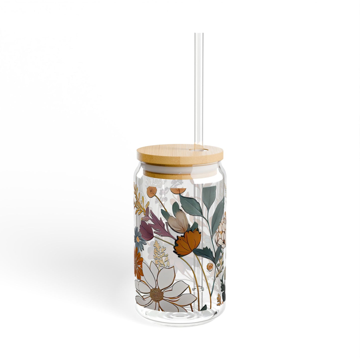 Floral Design Sipper Glass | 16oz Glass Cup with Straw | Eco-Friendly Drinkware