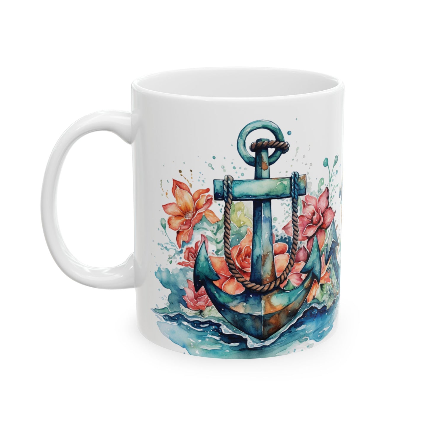 Nautical Anchor Ceramic Mug - Artistic Ocean Waves and Floral Design - Perfect for Sailors and Beach Lovers