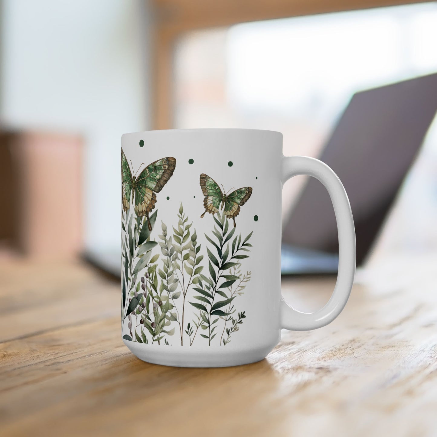 Botanical Green Butterfly Ceramic Mug - Nature-Inspired Drinkware for Tea & Coffee Lovers