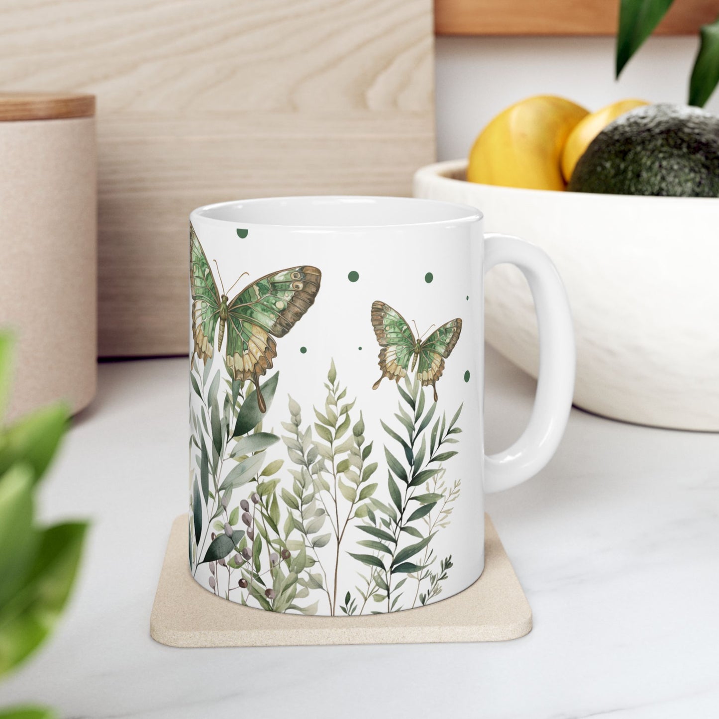 Botanical Green Butterfly Ceramic Mug - Nature-Inspired Drinkware for Tea & Coffee Lovers