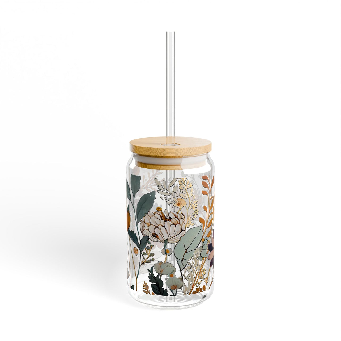 Floral Design Sipper Glass | 16oz Glass Cup with Straw | Eco-Friendly Drinkware