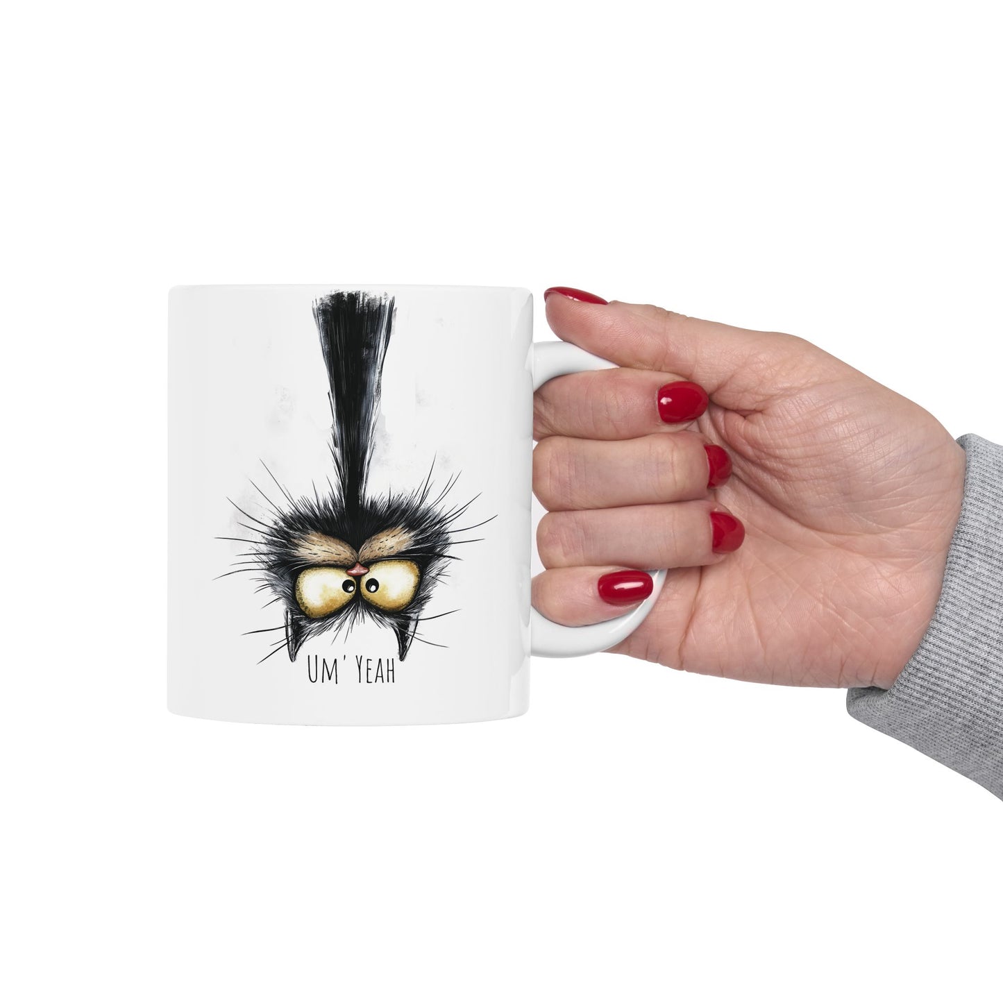 Funny Upside Down Cat Ceramic Mug, Um' Yeah, Cute Kitty Coffee Cup, Cat Lover