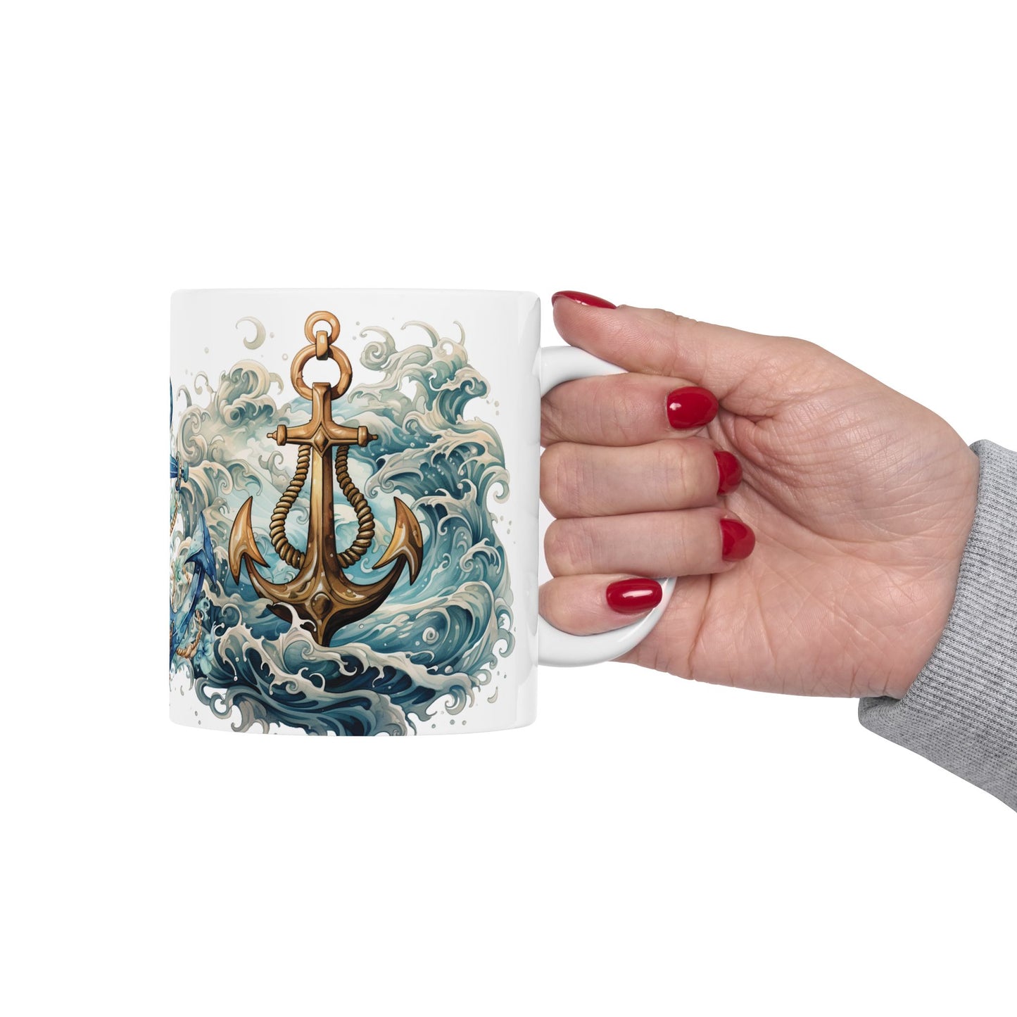 Nautical Anchor Ceramic Mug - Artistic Ocean Waves and Floral Design - Perfect for Sailors and Beach Lovers