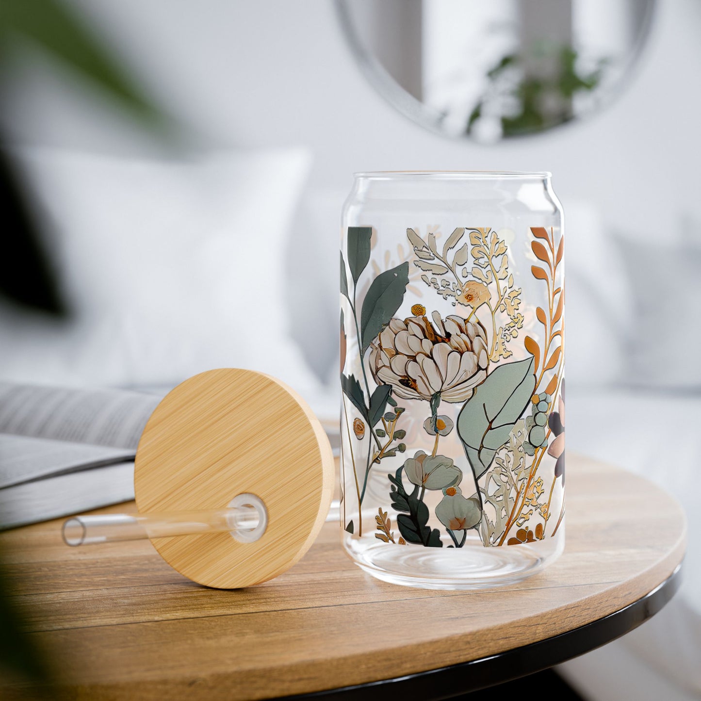 Floral Design Sipper Glass | 16oz Glass Cup with Straw | Eco-Friendly Drinkware