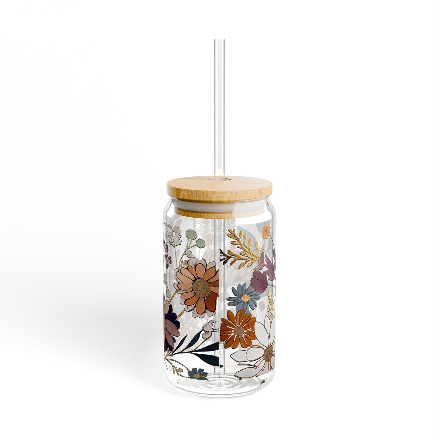 Floral Design Sipper Glass | 16oz Glass Cup with Straw | Eco-Friendly Drinkware