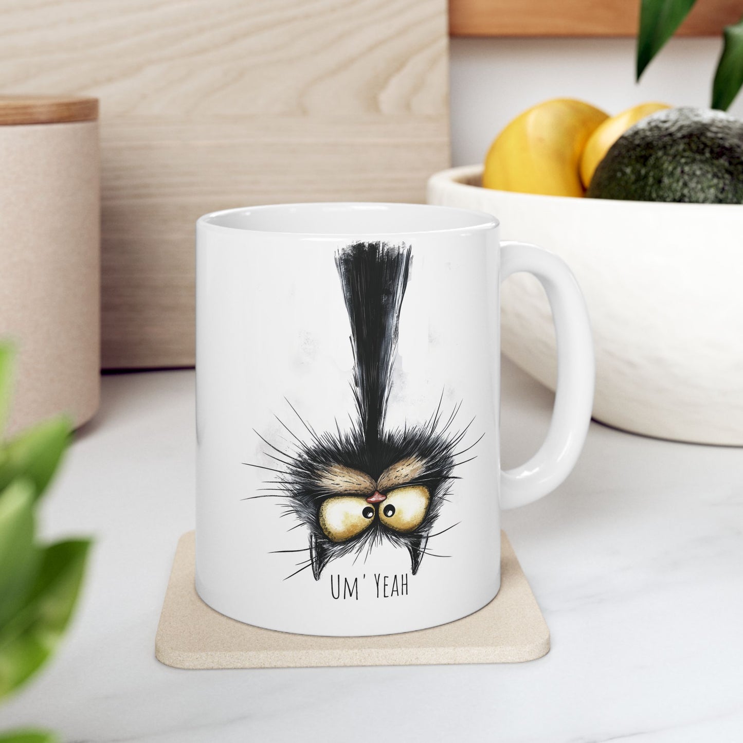 Funny Upside Down Cat Ceramic Mug, Um' Yeah, Cute Kitty Coffee Cup, Cat Lover