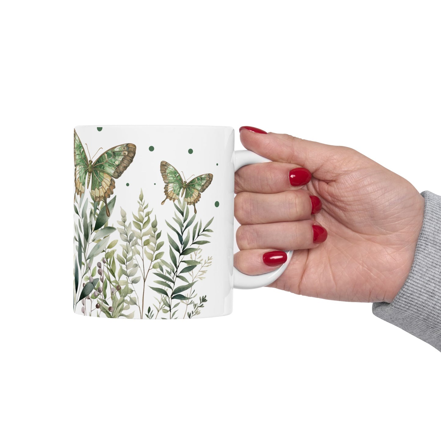 Botanical Green Butterfly Ceramic Mug - Nature-Inspired Drinkware for Tea & Coffee Lovers