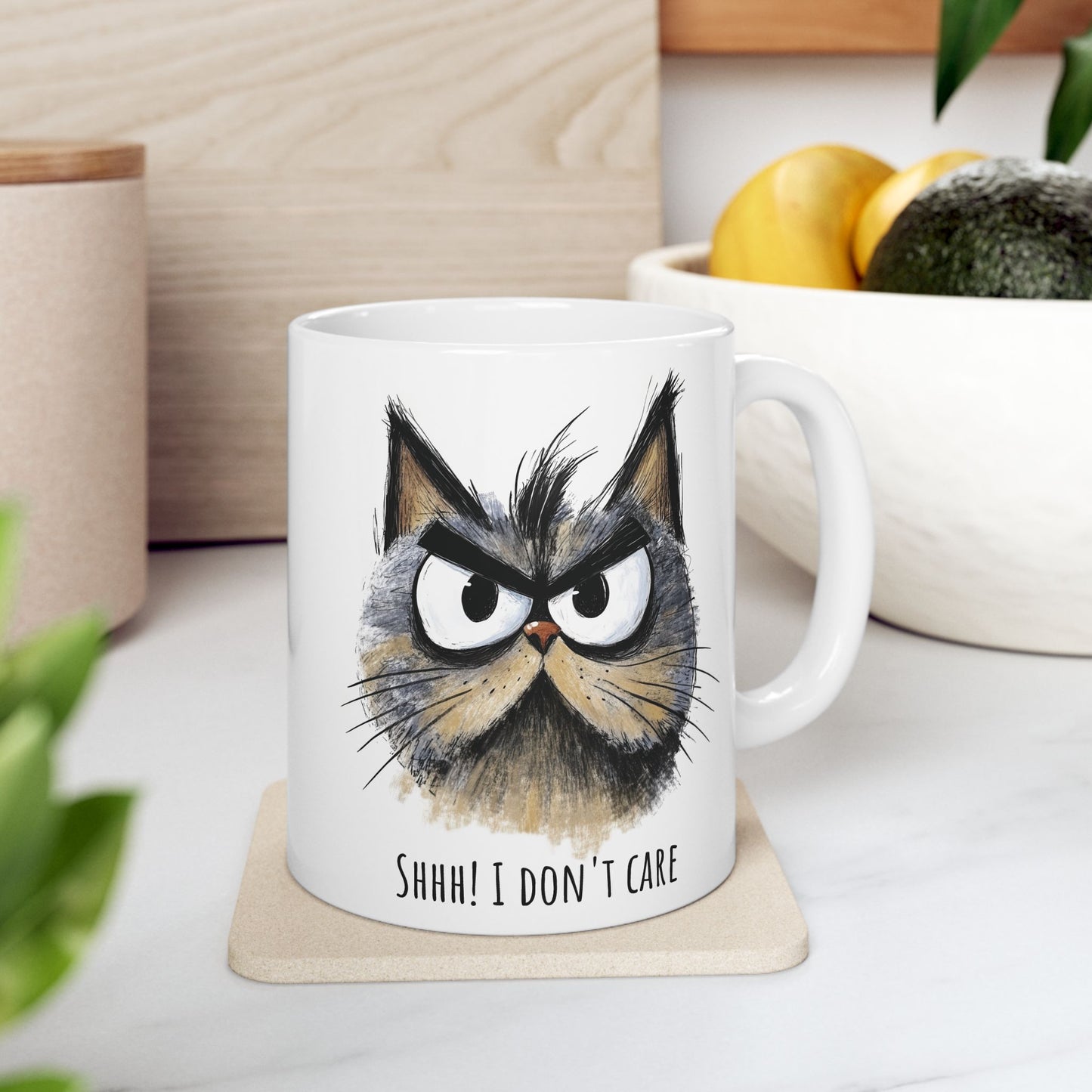 Funny Ceramic Mug - Sarcastic Cat Shhh I Don't Care (11oz, 15oz)