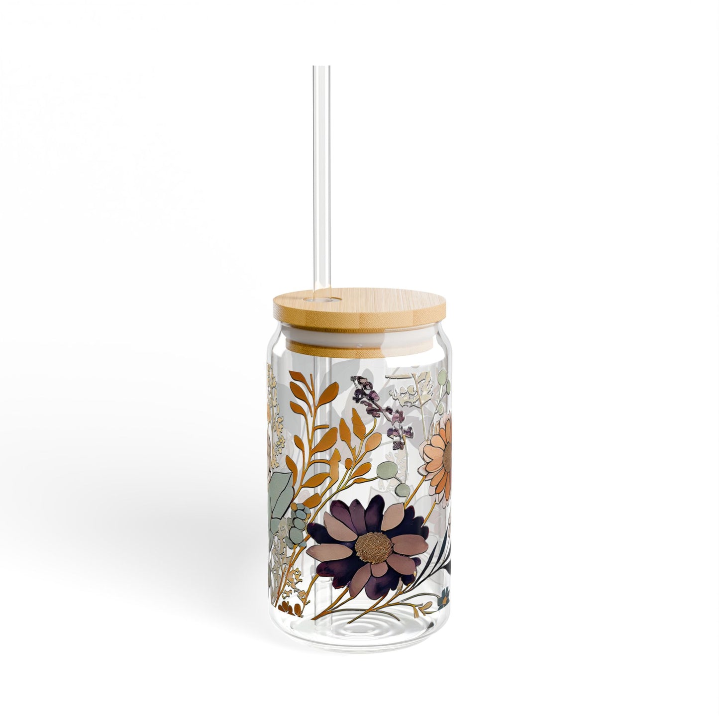 Floral Design Sipper Glass | 16oz Glass Cup with Straw | Eco-Friendly Drinkware