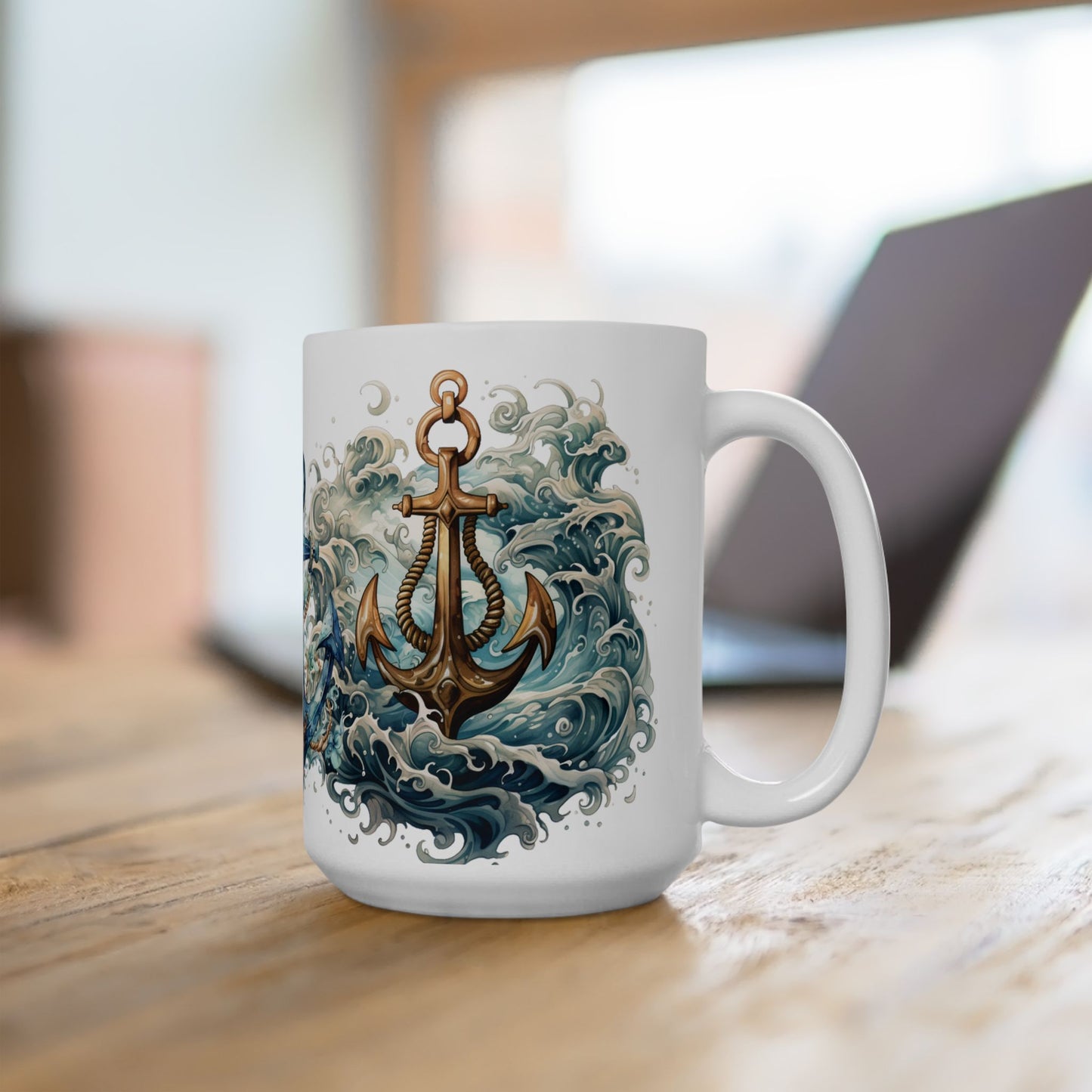 Nautical Anchor Ceramic Mug - Artistic Ocean Waves and Floral Design - Perfect for Sailors and Beach Lovers