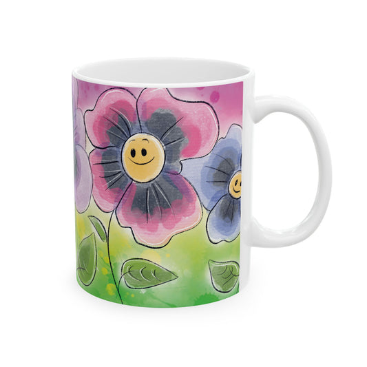 Silly Violet Pansies Mug, 11oz Funny Plant Coffee Cup, Hand Drawn Flower Tea Mug