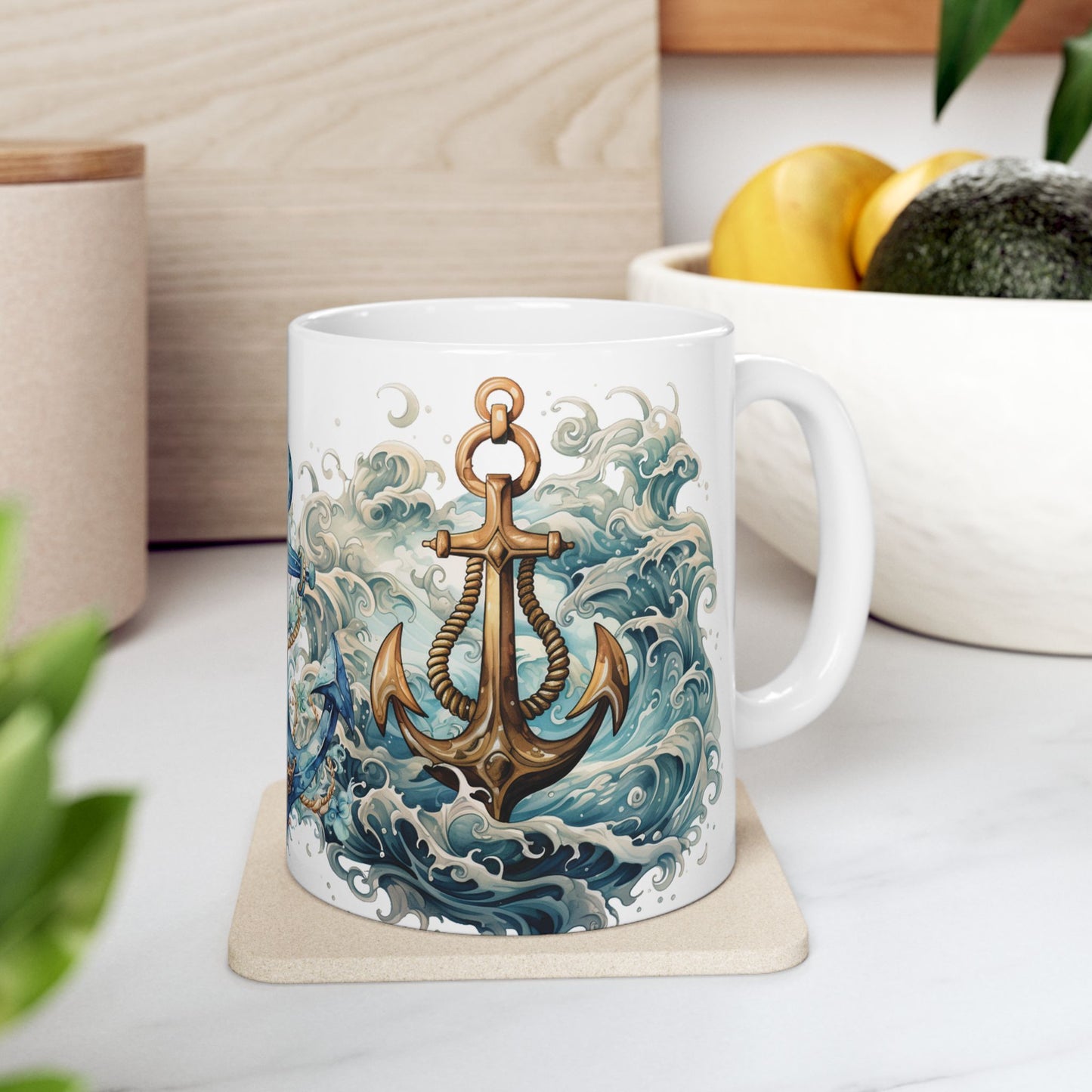 Nautical Anchor Ceramic Mug - Artistic Ocean Waves and Floral Design - Perfect for Sailors and Beach Lovers