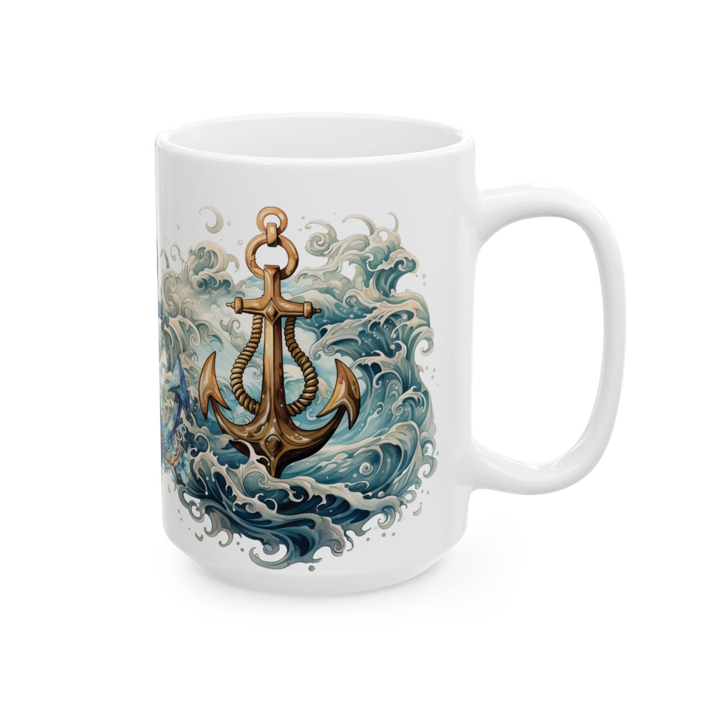 Nautical Anchor Ceramic Mug - Artistic Ocean Waves and Floral Design - Perfect for Sailors and Beach Lovers