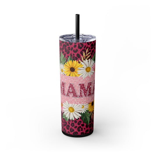 Floral Leopard Print Mama Skinny Tumbler with Straw - 20oz, Perfect Gift for Moms