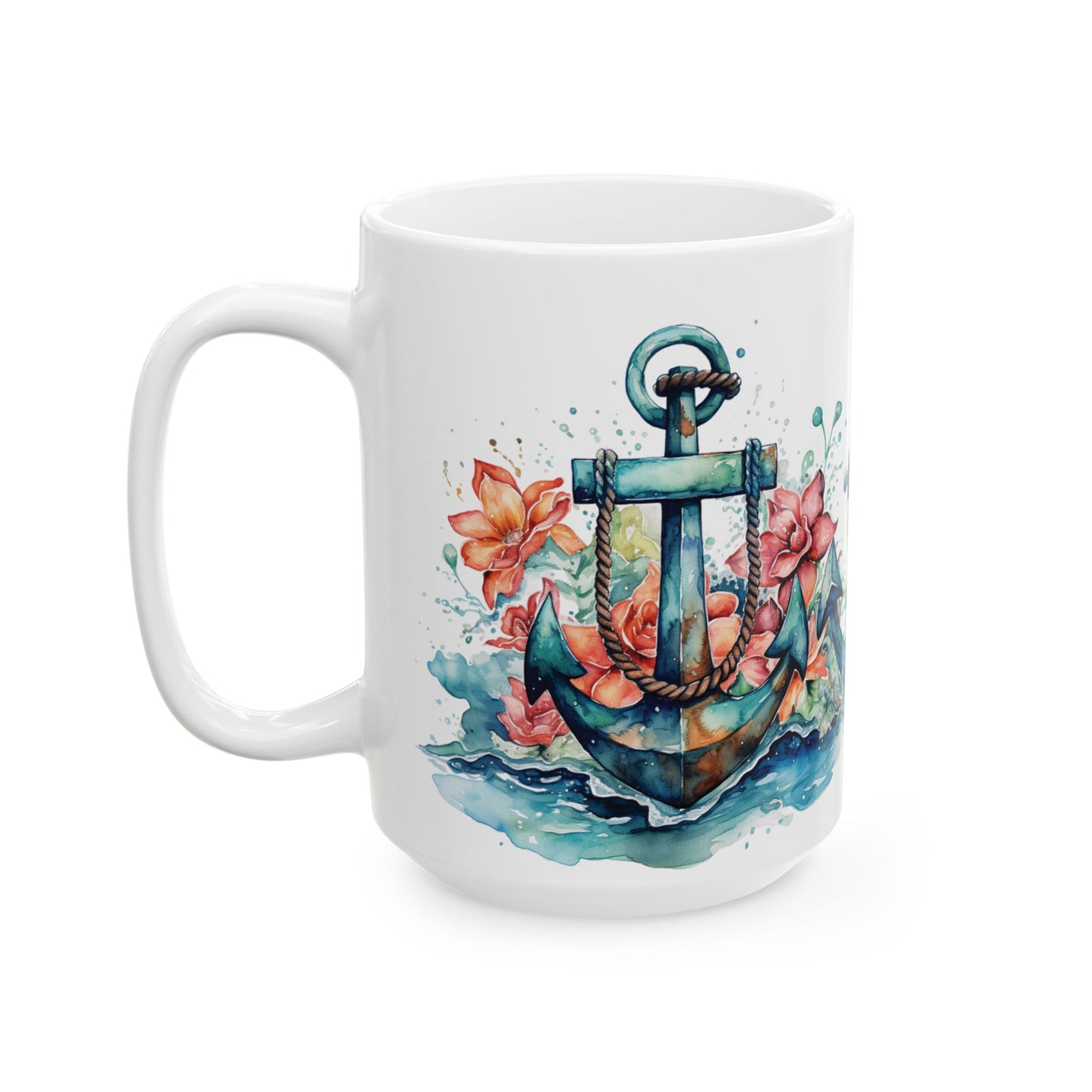 Nautical Anchor Ceramic Mug - Artistic Ocean Waves and Floral Design - Perfect for Sailors and Beach Lovers