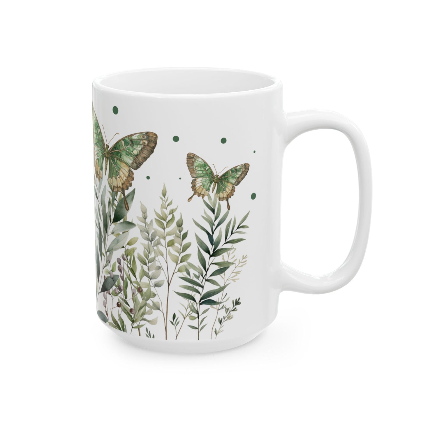 Botanical Green Butterfly Ceramic Mug - Nature-Inspired Drinkware for Tea & Coffee Lovers