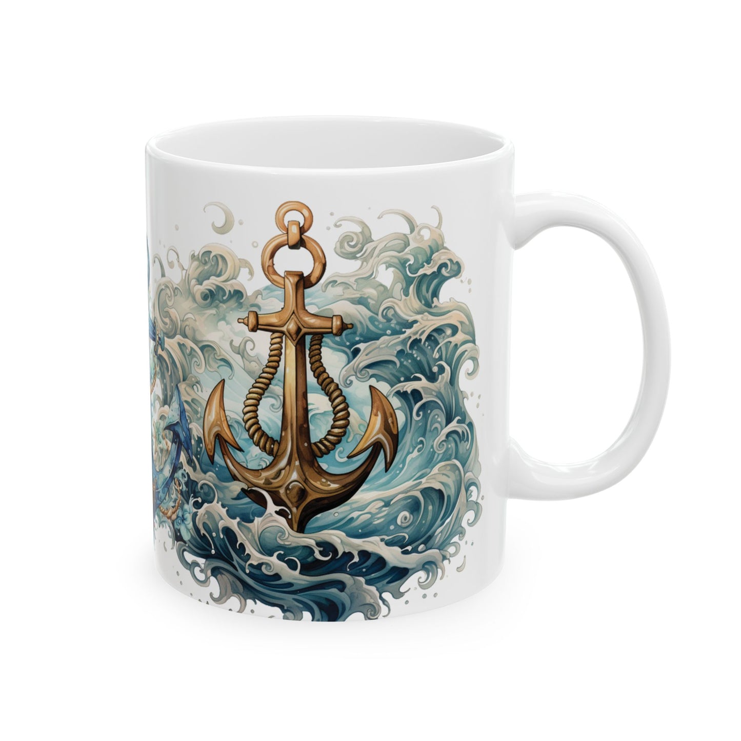 Nautical Anchor Ceramic Mug - Artistic Ocean Waves and Floral Design - Perfect for Sailors and Beach Lovers