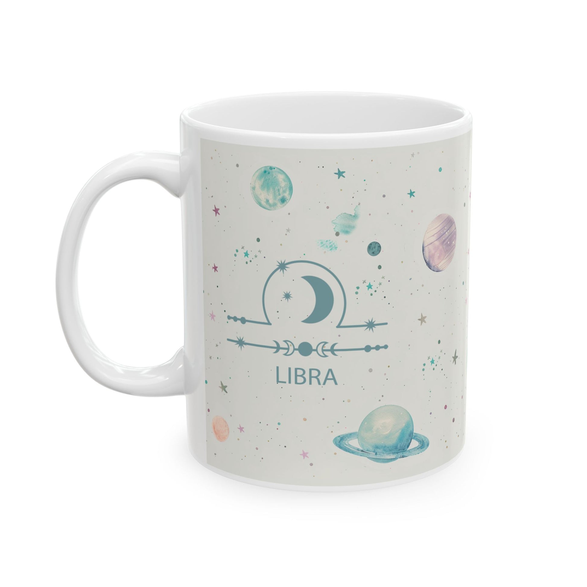 Ceramic Mug that brings the universe closer to you with its enchanting design. Each sip from this mug transports you to a cosmic wonderland, making it perfect for dreamers and stargazers alike. Just like Libra, this mug radiates balance and beauty, embodying the harmonious nature of this air sign.