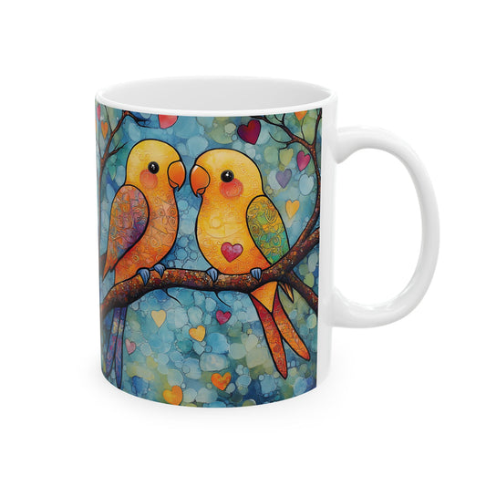 Beautiful Vibrant Pair of Parakeets on a Branch. This mug is the perfect gift for bird lovers on Birthday, and even anniversaries.